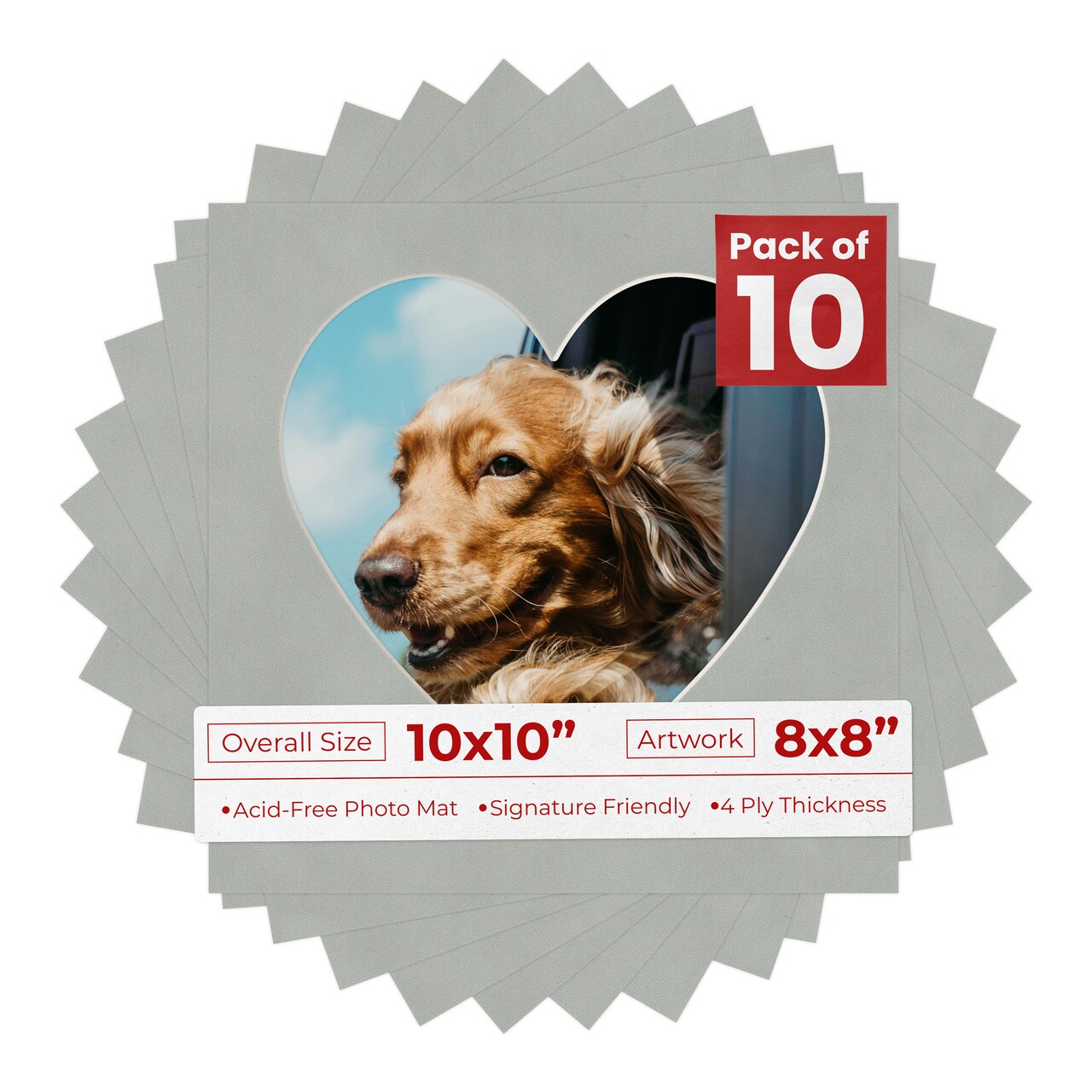 Light Grey Suede Mat Board for 10x10 Frames - Heart Opening for 8x8 Photos